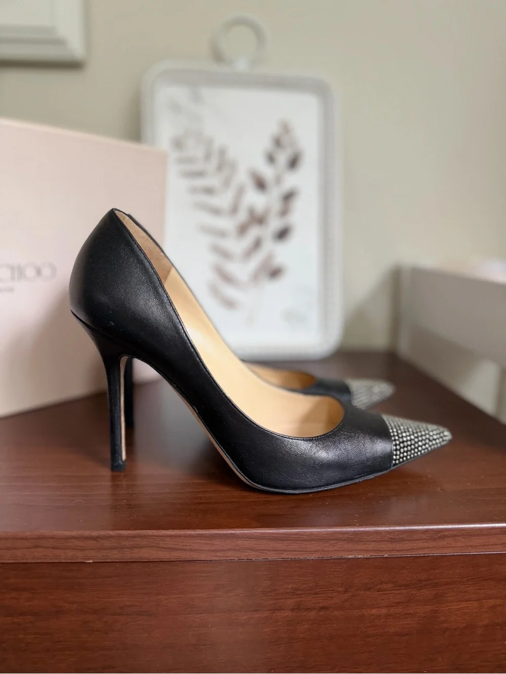 Jimmy Choo Black Leather Pointed Toe Pumps with Studded Cap